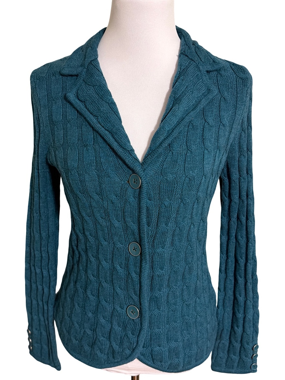 Talbots Teal 100% Pure Merino Wool Cable-Knit Button Front Sweater Blazer